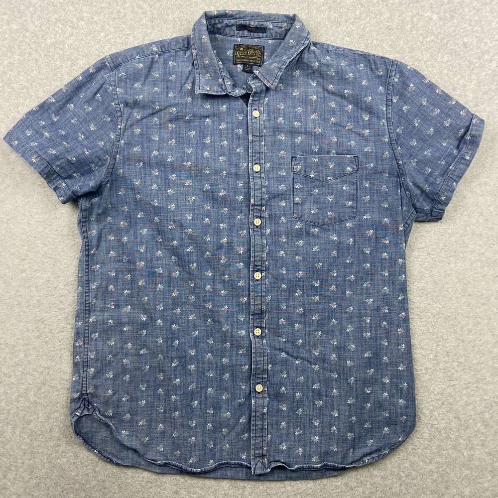 Lucky Brand Shirt Mens Large Slim Fit Chambray Button Blue Floral Short Sleeve
